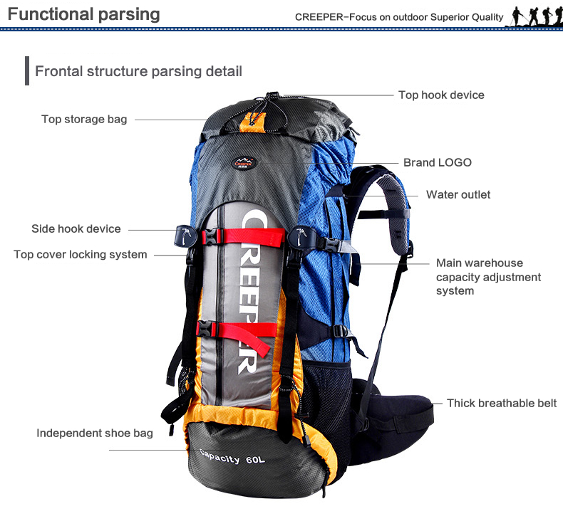 Mountaineering Backpack Frontal structure parsing detail