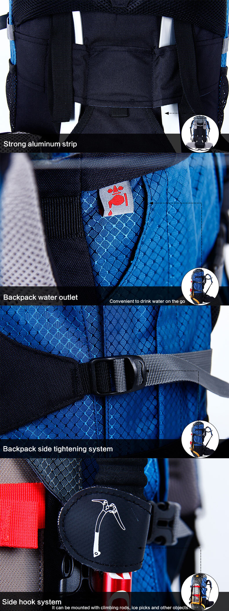 Strong aluminum strip,Bckpack water outlet,Backpack side tightening system,Side hook system