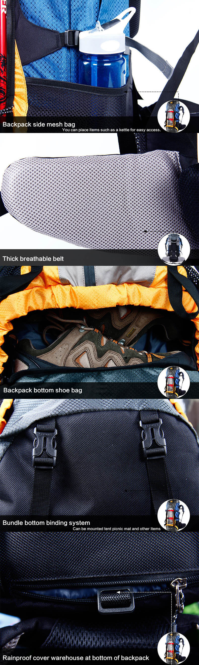 Backpack side mesh bag,Thick breathable belt,Backpack bottom shoe bag,Bundle bottom binding system,Rainproof cover waterhouse at bottom of backpack